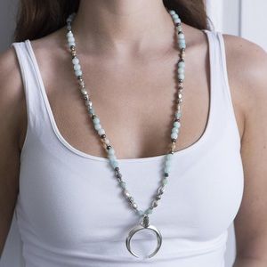 Aqua Handmade Crescent Moon Gemstone Bead Necklace